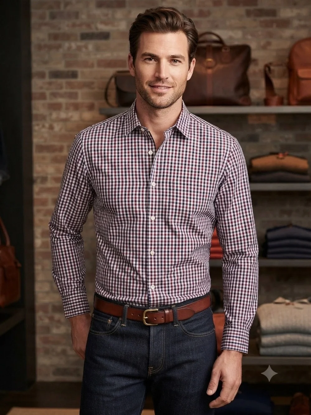 J. Crew Men's Burgundy and White Gingham Button-Down Shirt